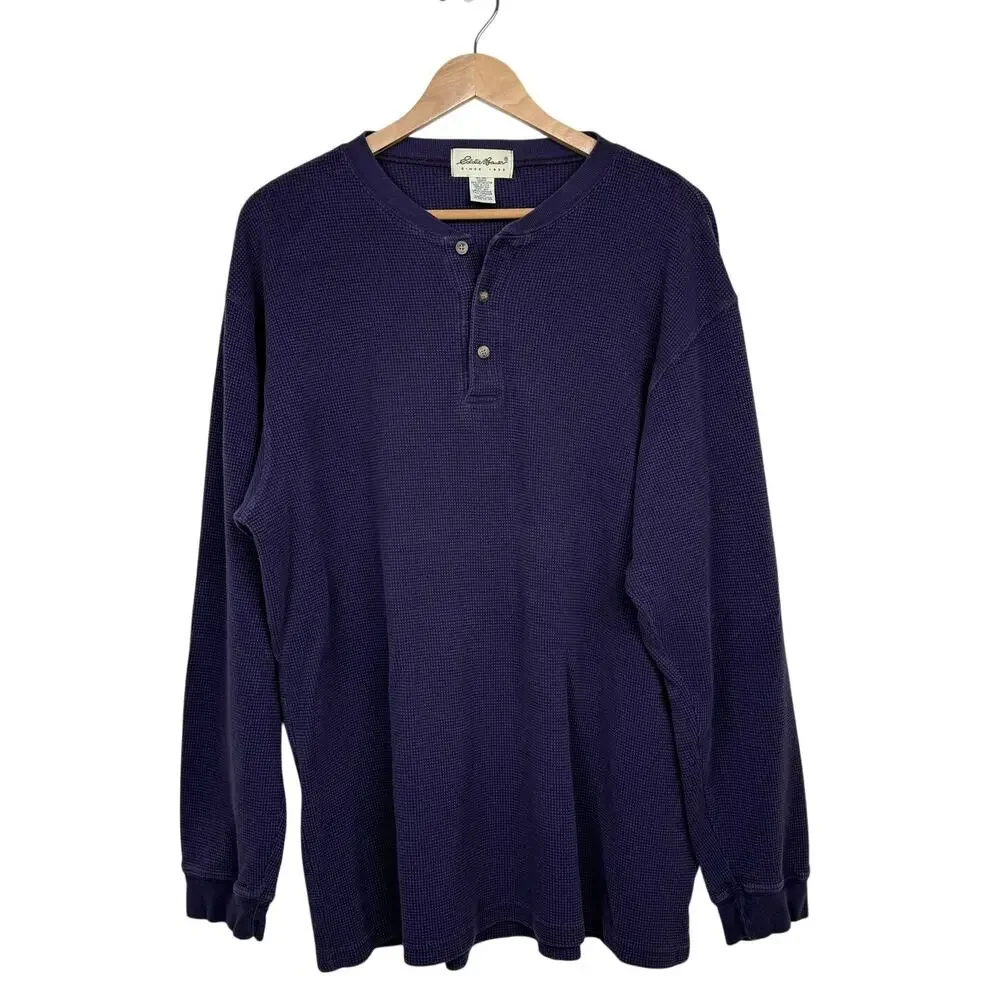 Eddie Bauer Henley Thermal Shirt 100% Cotton Purple M Tall Vintage 90s USA Made